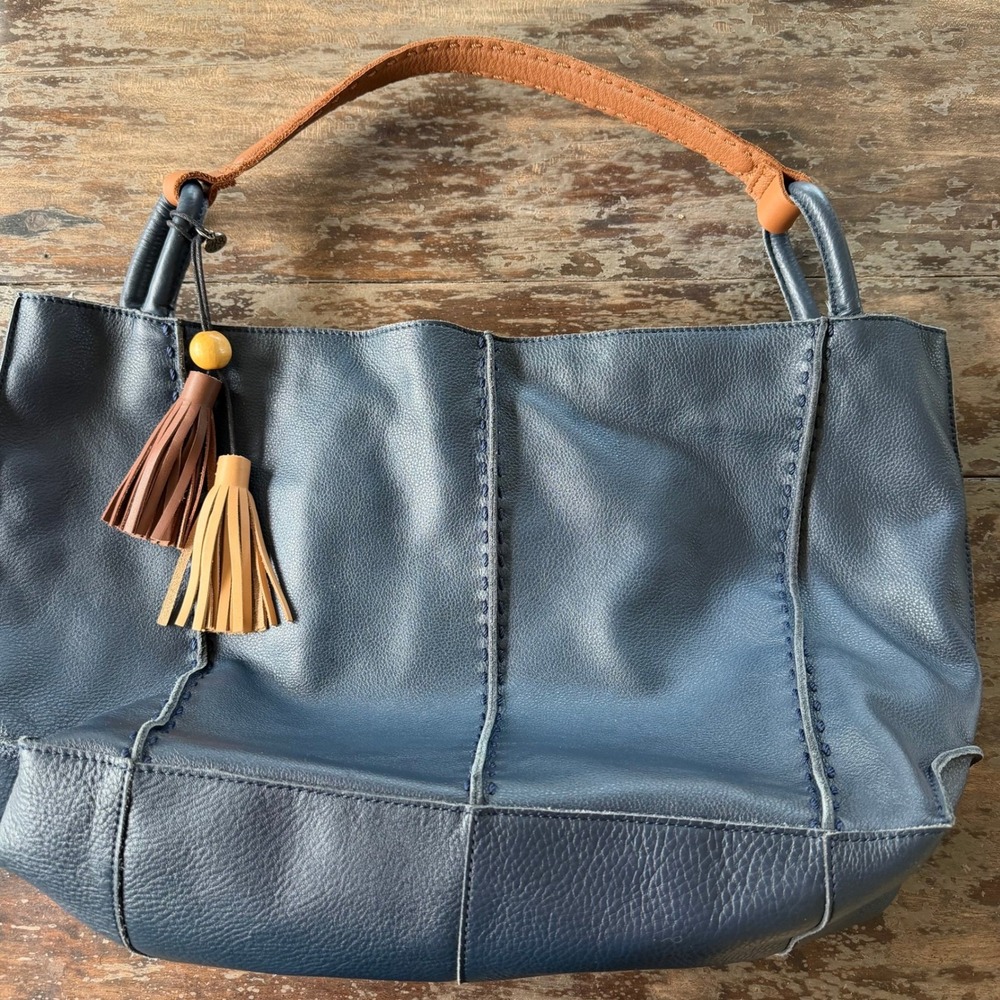 The Sak Los Feliz Navy Blue Pebbled Leather Tote Bag Tassel Shoulder Bag Indigo